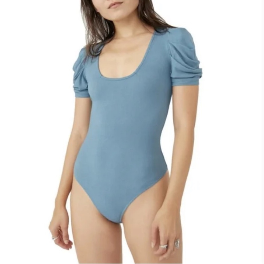 Free People Puff Sleeve Ribbed Stretch Jersey Bodysuit